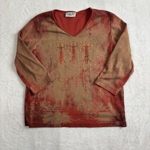 Y2K Cactus Bay Apparel Native American Red Long Sleeve V-Neck Top Women's XL